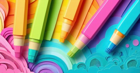 Aufkleber - Colorful papercraft pens, waves, bubbles. Bright hues create playful, artistic scene. Vivid design, cheerful composition.