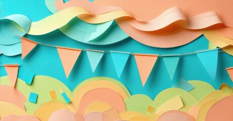 Aufkleber - Papercraft landscape. Colorful layers create abstract hills, flags, sky. Bright pastel tones dominate composition. Festive, playful design.