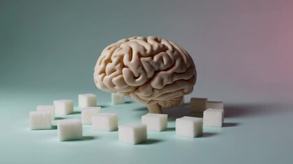 Poster - Anatomical model of human brain rotating surrounded by refined sugar cubes on a white background, symbolizing sugar consumption effects, addiction, and mental health