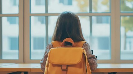 Poster - Elementary school student with yellow backpack sitting at desk looking out classroom window, contemplating during class time, back to school concept