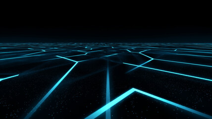 Leinwandbilder - Futuristic dark background with glowing blue neon lines creating grid pattern, evoking sense of technology and innovation. scene is reminiscent of digital landscape or virtual reality environment