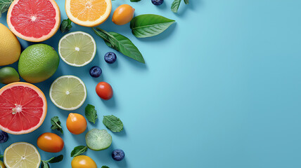 Aufkleber - Vibrant assortment of fresh fruits and herbs, including grapefruit, lime, lemon, and mint, is artfully arranged on pastel blue background, evoking sense of freshness and vitality
