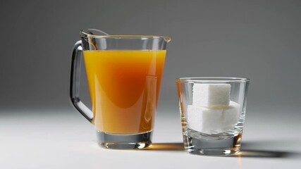 Poster - Glass pitcher with orange juice and a glass with sugar cubes isolated on a white background showing the amount of sugar contained in the beverage