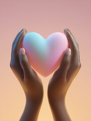 Poster - Hands Gently Cradling a Soft 3D Heart Against a Warm Pastel Background During a Serene Moment of Love and Connection