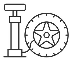 Poster - Tire pump linear icon. Car tire and hand pump. Vehicle maintenance service. Tire pressure adjustment. Thin line illustration. Contour symbol. Vector outline drawing. Editable stroke
