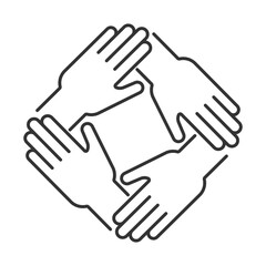 Poster - Team support linear icon. Teamwork concept. Collaboration and unity. Connected hands. Working together. Thin line illustration. Contour symbol. Vector outline drawing. Editable stroke