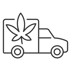 Poster - Cannabis products delivery linear icon. CBD products distribution. Delivery truck with marijuana leaf. Transportation. Thin line illustration. Contour symbol. Vector outline drawing. Editable stroke