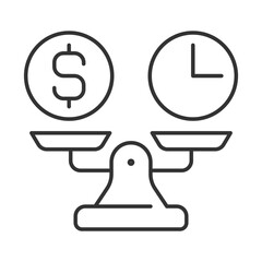 Poster - Time money balance linear icon. Dollar sign and clock on balance scale. Time management. Cost effective. Thin line illustration. Contour symbol. Vector outline drawing. Editable stroke