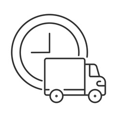 Poster - Delivery time linear icon. Clock and truck. Fast shipping. On-time courier service. Transportation. Express shipment. Thin line illustration. Contour symbol. Vector outline drawing. Editable stroke
