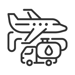 Poster - Aviation fuel linear icon. Process of refueling aircraft for air travel operations. Plane and fuel truck. Thin line illustration. Contour symbol. Vector outline drawing. Editable stroke