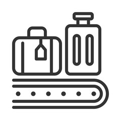 Poster - Baggage service linear icon. Luggage on conveyor belt. Services at airport. Transporting and sorting passenger bags. Thin line illustration. Contour symbol. Vector outline drawing. Editable stroke
