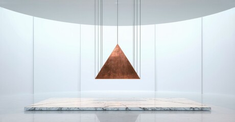 Poster - Minimalist installation. Copper triangle suspended above marble platform. Bright, spacious room with soft lighting creates serene atmosphere.