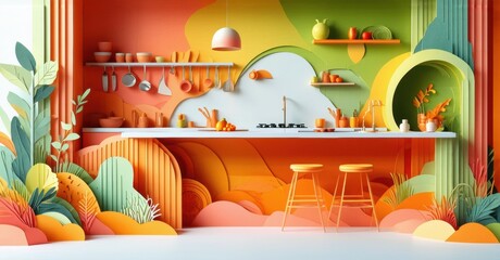 Poster - Vibrant kitchen interior. Papercraft style, warm colors dominate. Plants, stools, cookware present. Unique design, playful aesthetic.