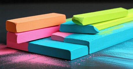 Aufkleber - Colorful chalk pieces stacked. Dust particles visible below, creating vibrant visual texture. Bright hues dominate composition.