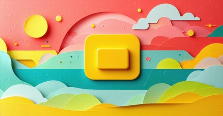 Aufkleber - Papercraft landscape. Bright colors, layered design creates whimsical scene. Sun, clouds, water visible. Abstract composition.
