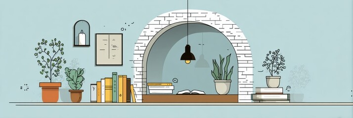 Aufkleber - Cozy Reading Nook Illustration Featuring Hanging Light, Plants, and Space for Inspirational Quotes