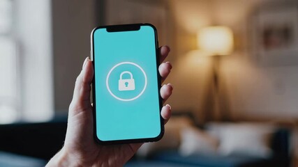 Poster - Secure online shopping experience, featuring a woman holding a smartphone displaying a security app with a padlock icon, ensuring safe transactions in the comfort of her living room
