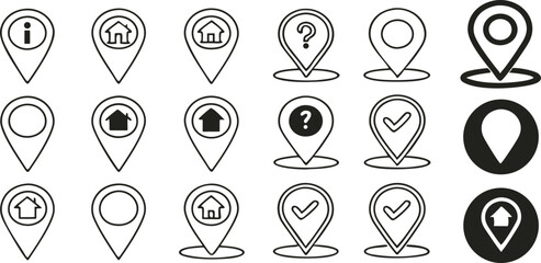 Poster - Set of Location Pin Icons with Information Home Question Mark Check Mark Symbols