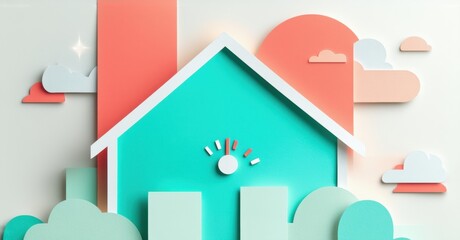 Poster - Papercraft house illustration. Soft colors, stylized clouds, sun rays create cozy scene. Minimalist design, warm aesthetic.