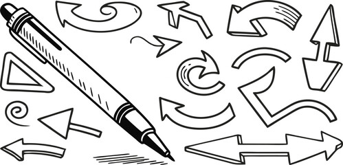 Poster - Handdrawn pen with various arrows shapes on background direction symbol
