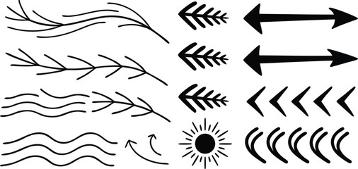 Poster - Handdrawn Decorative Elements Including Arrows Branches Waves Sunburst on Background