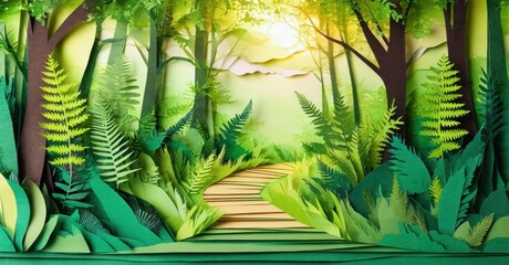 Poster - Papercraft forest scene. Lush greenery, path leads toward distant sunlit hills. Peaceful, vibrant, detailed composition.