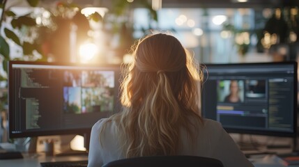 Poster - Person working at dual monitors in a bright office during sunset hours