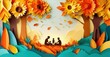 © antishock - Papercraft scene depicts family enjoying autumn day. Sunflowers bloom, leaves fall, warm colors dominate landscape. Peaceful, idyllic moment.