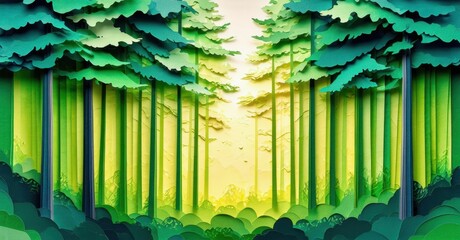 Poster - Papercraft forest scene. Lush greenery, bright light filters through trees. Peaceful, stylized nature illustration.