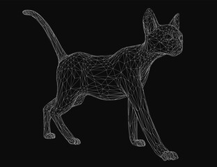Fototapete - A wireframe cat composed of geometric shapes and lines walks gracefully on a black background. The intricate design highlights the feline form with clean, digital precision.