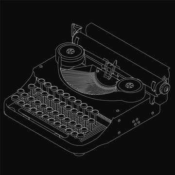 A vintage black and white typewriter sits on a solid black background, featuring a classic design with white keys and a sleek black body. The timeless aesthetic highlights retro technology