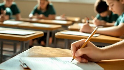 Aufkleber - Close up of a student's hand writing notes in a notebook with a pencil during class, while other students are softly blurred in the background, capturing a moment of focused learning