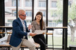 © MINAE - Senior manager explaining marketing strategy to young asian businesswoman while analyzing statistics report, pointing at charts and discussing project details in modern office