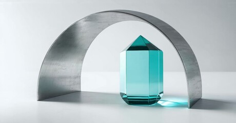 Poster - Turquoise crystal stands beneath metal arch. Minimalist composition, clean lines, soft lighting creates serene mood. Focus on form, texture.