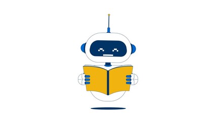 Poster - Smiling robot floating with open book 2D character animation. Artificial intelligence, education. Pixelated robotic technology reading animated personage cartoon 4K video isolated on white transparent