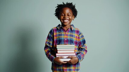 Poster - Young student holding stack of books, expressing joy while standing and smiling directly at camera against light teal background during academic moment