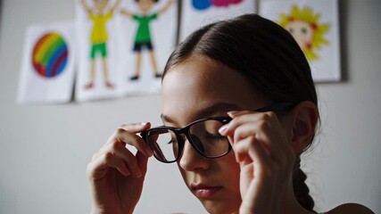 Poster - Young student adjusts her eyeglasses in a classroom decorated with children's drawings, indicating the beginning of a new school year and the importance of good vision for learning
