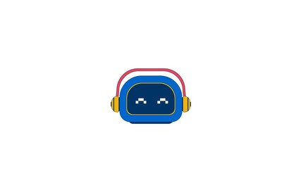 Poster - Music listening robot with headphones wireless signal 2D character animation. AI companion fun. Tech mascot. Robotic technology animated personage cartoon 4K video isolated on white transparent