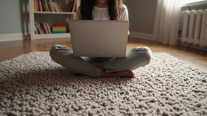 Aufkleber - Comfortable young student sitting cross legged on carpet, focusing intently while using laptop for online learning or leisure activities in personal bedroom space