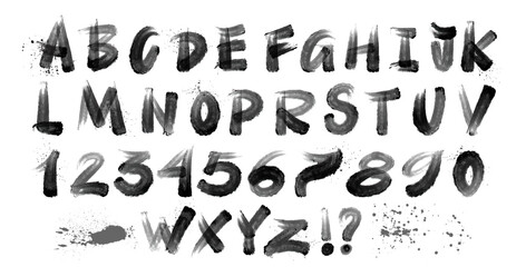 Poster - Bold strokes with splashes black alphabet with lowercase, uppercase letters. Brush drawn grunge typography for design, posters. Capital letters in rustic style with thick strokes. Grunge graffiti font