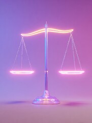 Poster - Glowing Minimal Justice Scale Over a Soft Purple Background Symbolizing Balance and Fairness in a Modern Setting