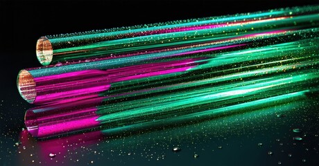 Poster - Fiber optics glow brightly. Vibrant pinks, greens create stunning visual effect. Wet surface reflects light beautifully.