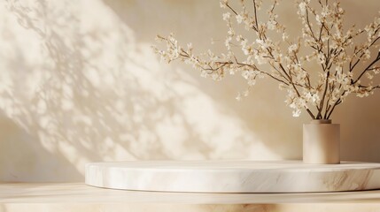 Poster - Elegant display of a minimalist vase with cherry blossom branches on a light marble table in a serene interior setting