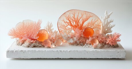 Poster - Coral display. Delicate structures, orange hues, translucent spheres rest upon textured base. Minimalist composition, soft lighting.