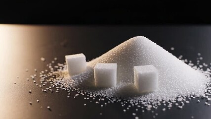 Poster - Granulated sugar forms a small mound on a dark surface, accompanied by three sugar cubes, creating a stark contrast between textures and shapes