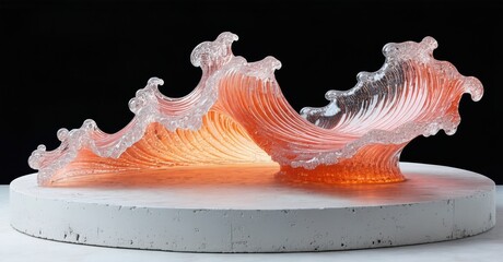 Poster - Glass waves sculpture rests upon concrete base. Warm lighting highlights translucent form, creating dramatic visual impact. Artistic expression.