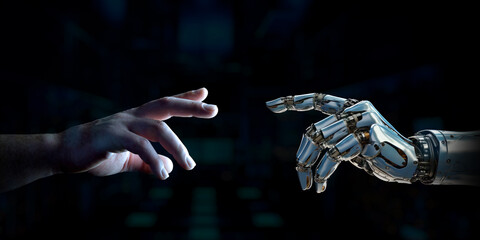 Poster - Cyborg finger about to touch human finger. Man hand going closer to robotic hand on black background. Generative ai robot hand