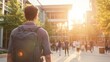 © fotofabrika - Student walking towards campus building during sunset while peers move in different directions