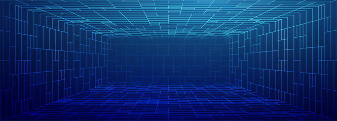 Poster - Metaverse 3d grid background with wireframe cube and infinite perspective. Futuristic cyberspace concept with digital mesh network and hologram texture. Blue purple vector structure for vr design.