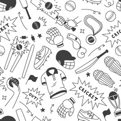 Cricket Doodle Seamless Pattern. Sports Game Gear background with falling equipment and uniform in hand drawn comic style. Action Motion Play. Repeat vector illustration